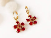 Garnet flower dangle earrings in 14k gold, red garnet flower drop earrings, January birthstone earrings, gift for mom, gift for her